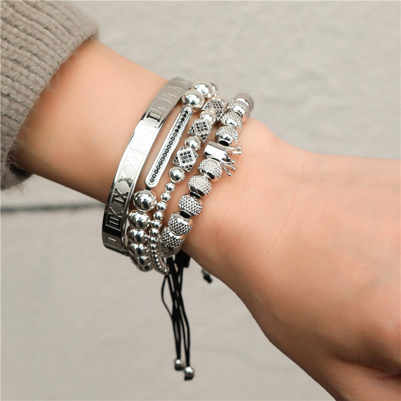 Geometric Crown-Shaped Titanium Steel Bracelet Set with Rhinestone Inlay and Plated Finish for Men and Women