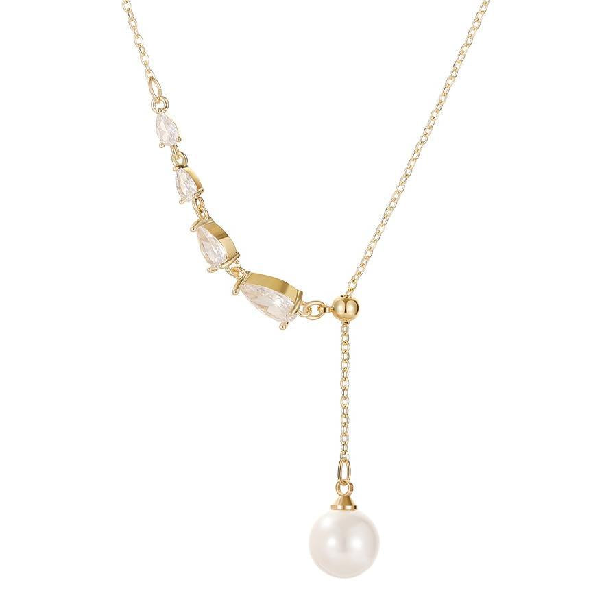 Minimalist Pearl Teardrop Pendant Necklace with Titanium Steel Chain and Rhinestone Accents for Women and Men