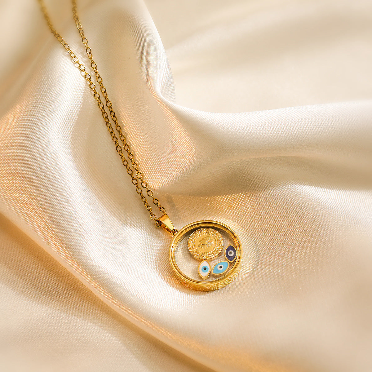 Collana Minimalista Geometrica a Occhio di Allah da Donna in Acciaio al Titanio Placcato Oro