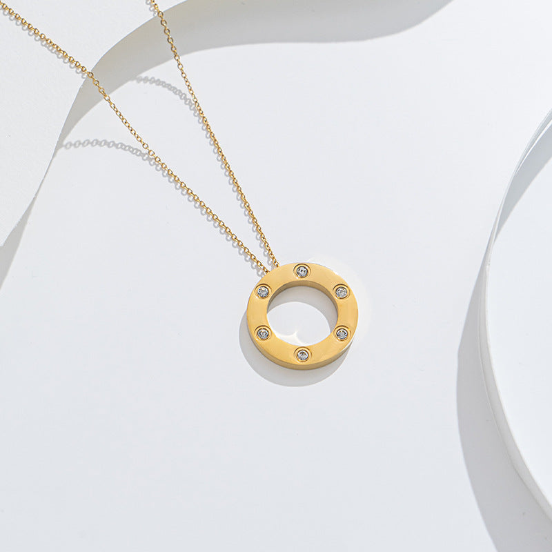Minimalist Round Titanium Steel Pendant Necklace for Women with Rhinestone Inlay Snake Chain Elegant Clavicle Chain