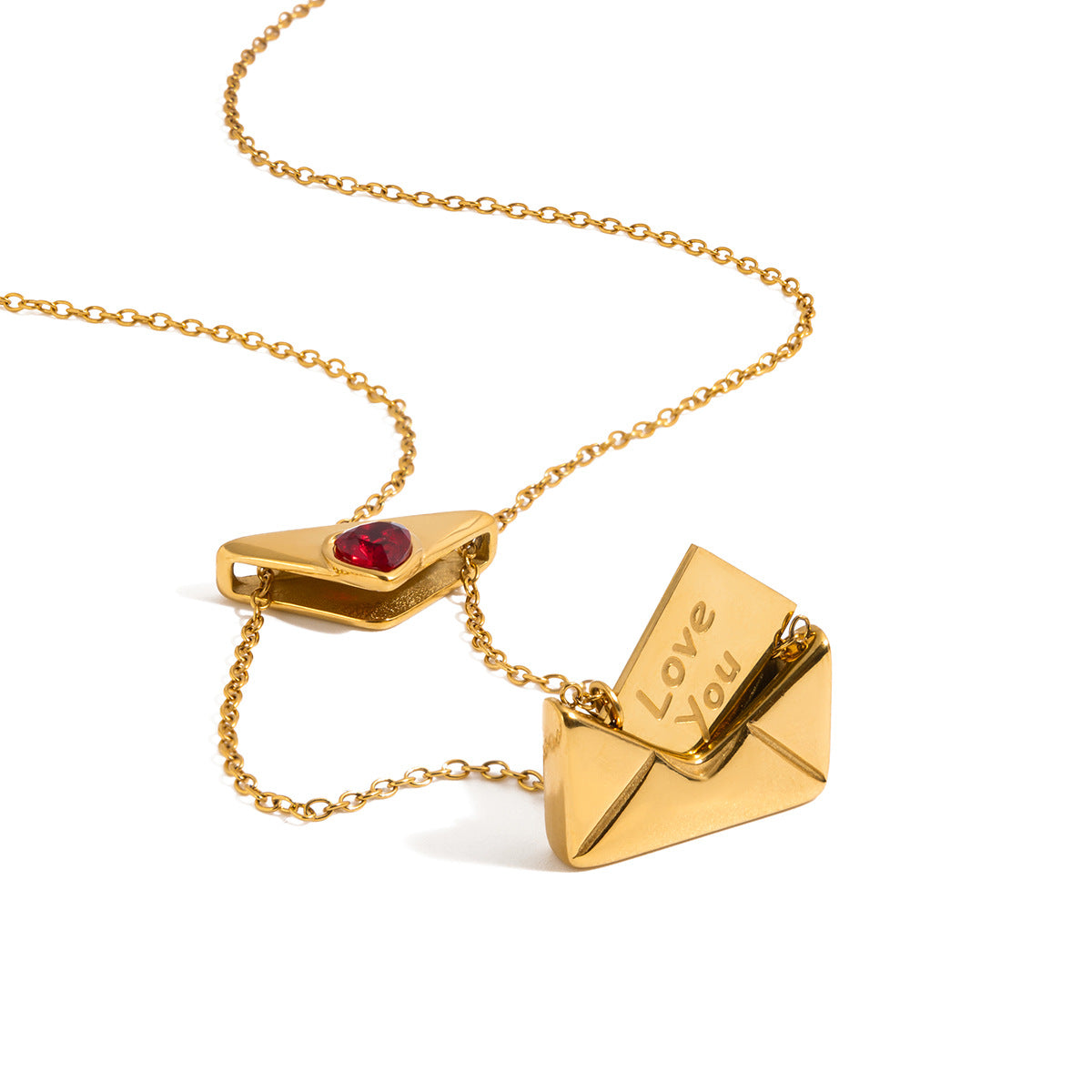 Love You Envelope Heart Cubic Zirconia Gold Plated Stainless Steel Necklace for Women