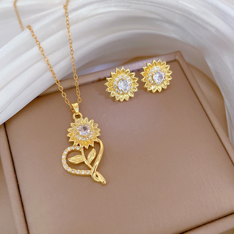 Luxury Fresh and Sweet Plated Brass Zircon Micro-Pave Earrings and Necklace Set