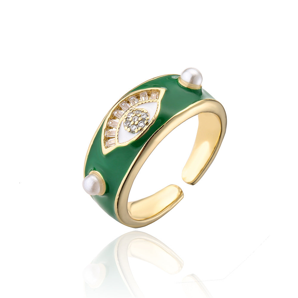 Minimalist Geometric Eye-Shaped Open Ring for Women Made of Brass with 18K Gold Plating and AAA Zircon Inlay
