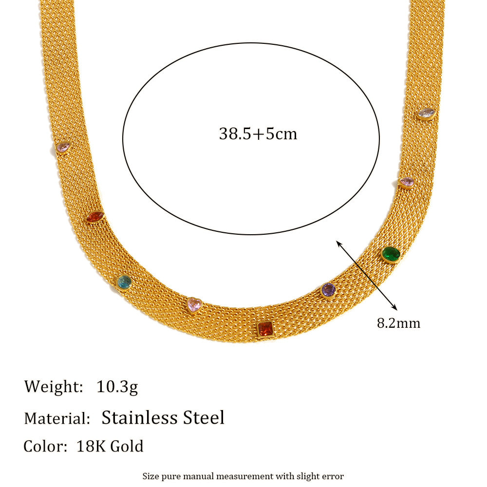 Fashionable Geometric Stainless Steel Plated 18K Gold Necklace with Colorful Zircon Pendant for Women