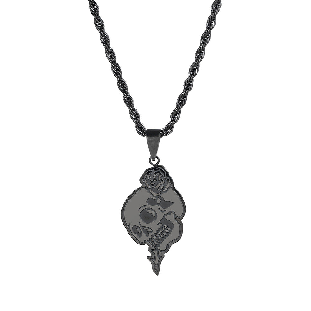 Punk Gothic Geometric Round Skull Rose Pendant Necklace Titanium Steel Rope Chain for Men and Women