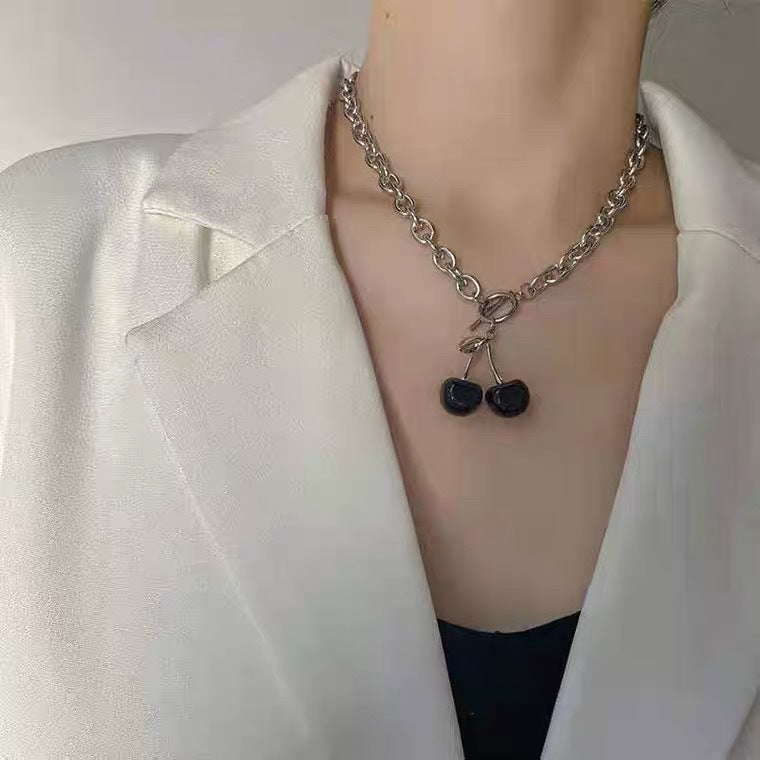 Minimalist Cherry-Shaped Titanium Steel Choker Necklace with Black Plating for Women and Men