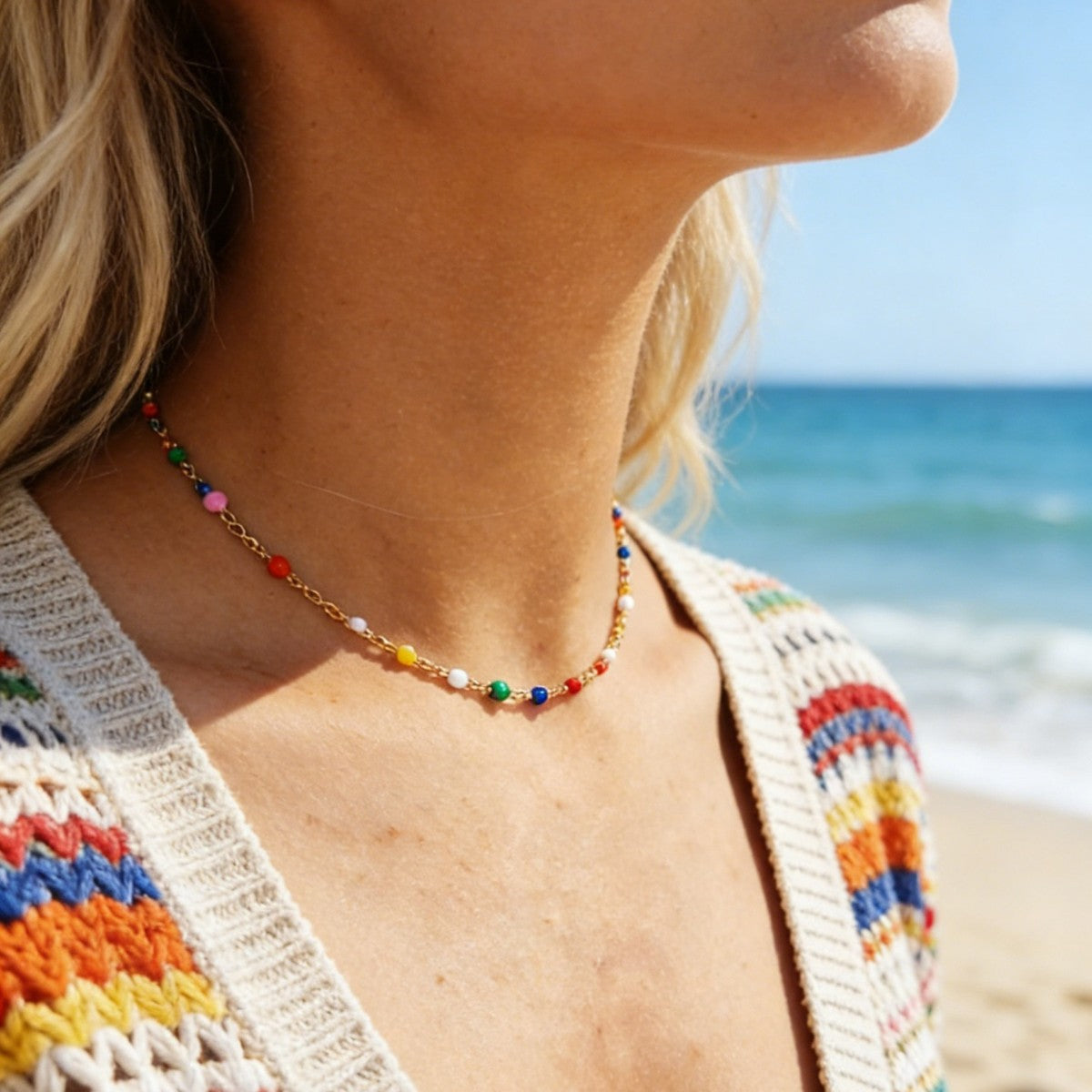 Dolce collana da donna in acciaio inossidabile placcato oro 18 carati con perline geometriche rotonde