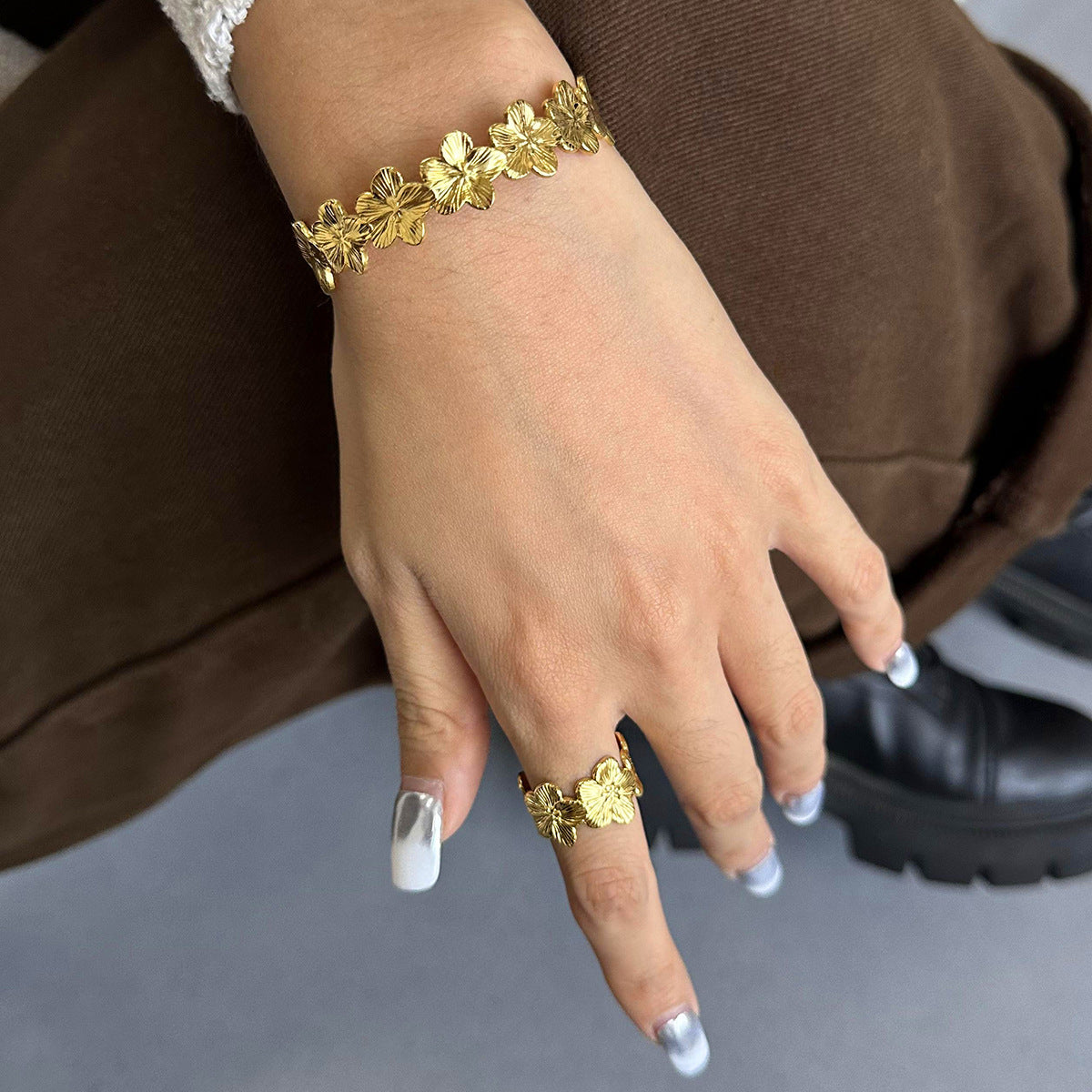 Floral Plated Stainless Steel Open Ring for Women