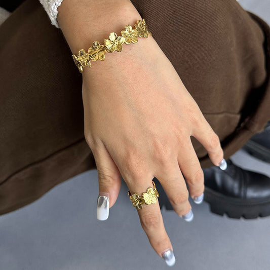 Floral Plated Stainless Steel Open Ring for Women