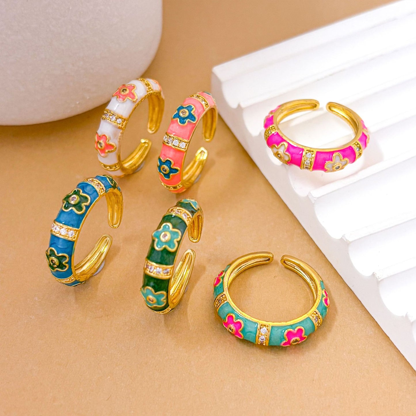 Sweet Floral Enamel Drip Oil Brass Ring with Cubic Zirconia Inlay 18K Gold Plated Adjustable for Women