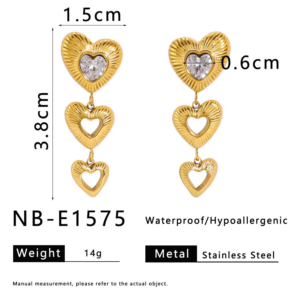 Ins Style Heart Shaped Zirconia Studded Stainless Steel Dangle Earrings with 18K Gold Plating and Textured Waterproof Finish