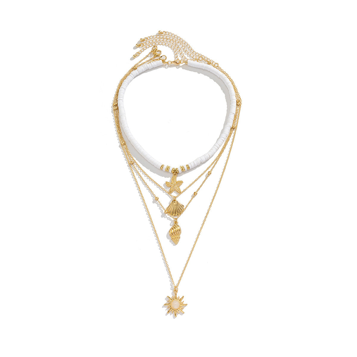 Sweet Bohemian U-Shape Starfish Alloy Plated Pendant Necklace with Tassel and Shell Elements for Women