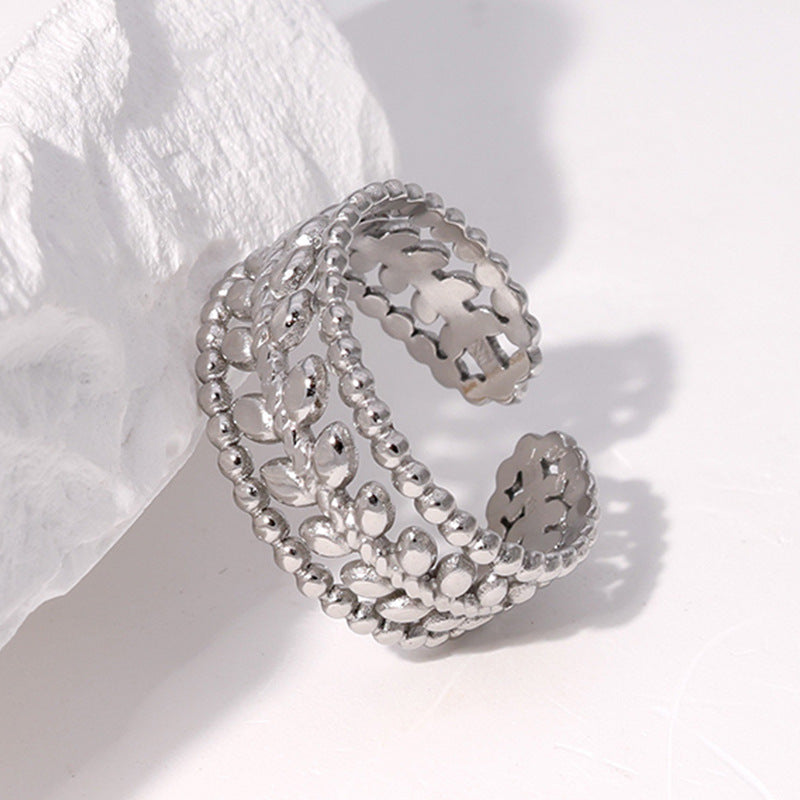 Anillo Minimalista de Acero de Titanio con Forma de Hoja para Mujer, Chapado en Oro de 18K y Banda Abierta Ajustable