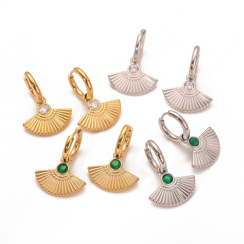 Orecchini Geometrici Vintage a Coda di Pesce a Ventaglio con Zircone Bianco e Smeraldo, Acciaio Inossidabile Placcato Oro 18K da Donna