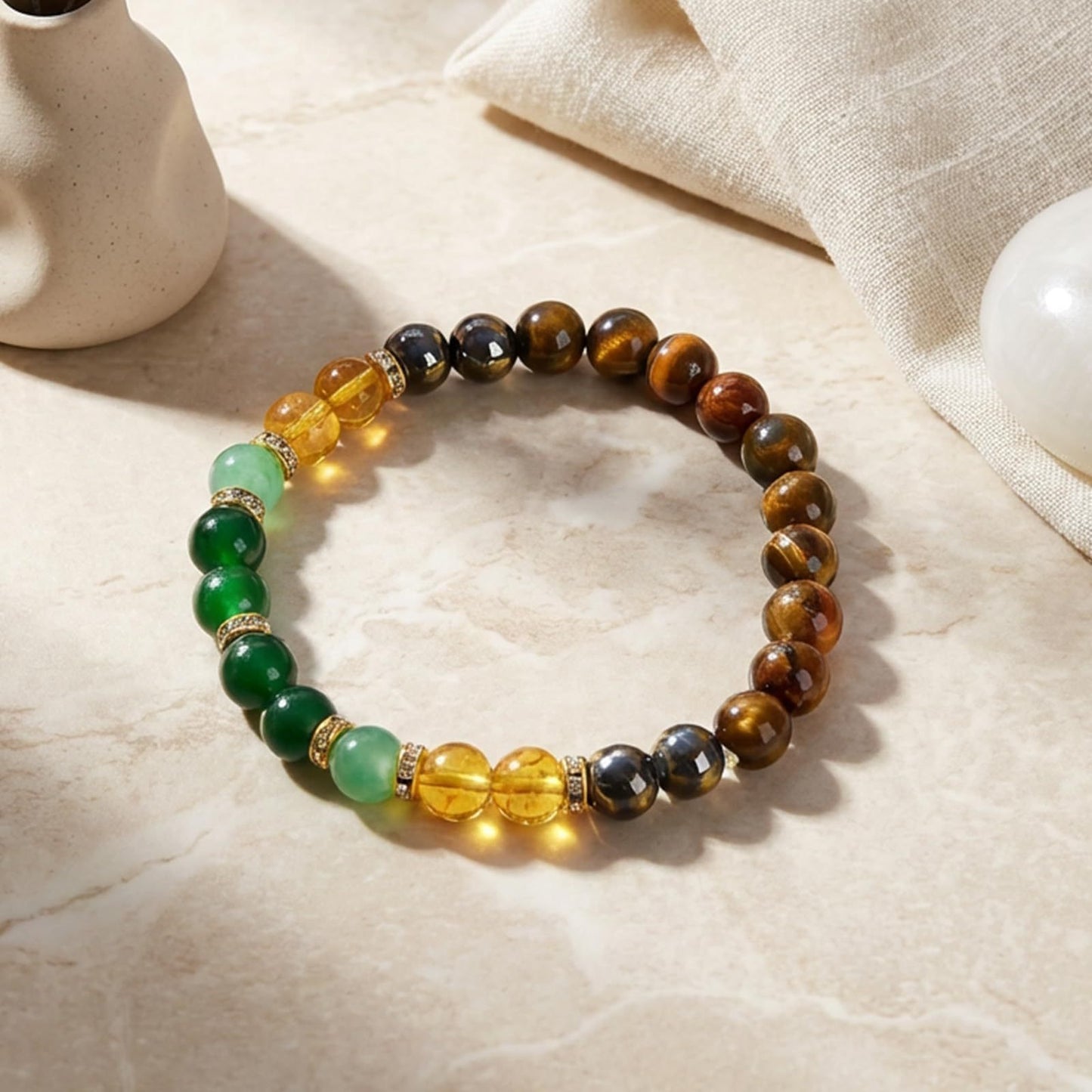 Geometric Natural Obsidian Tiger Eye Green Aventurine Agate Bracelet Unisex 8mm Elastic Cord Handmade