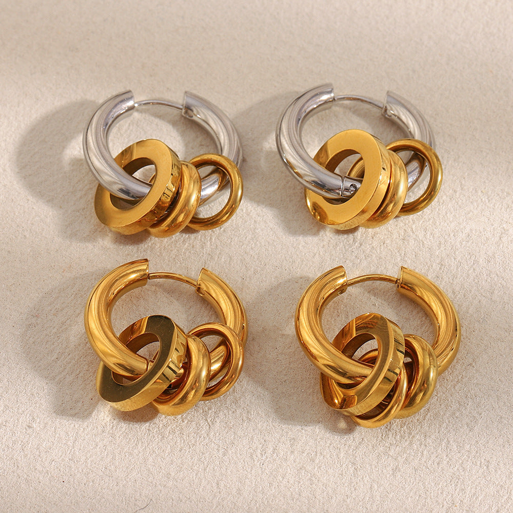 Orecchini a tre anelli geometrici minimalisti da donna in acciaio inossidabile placcato oro 18K