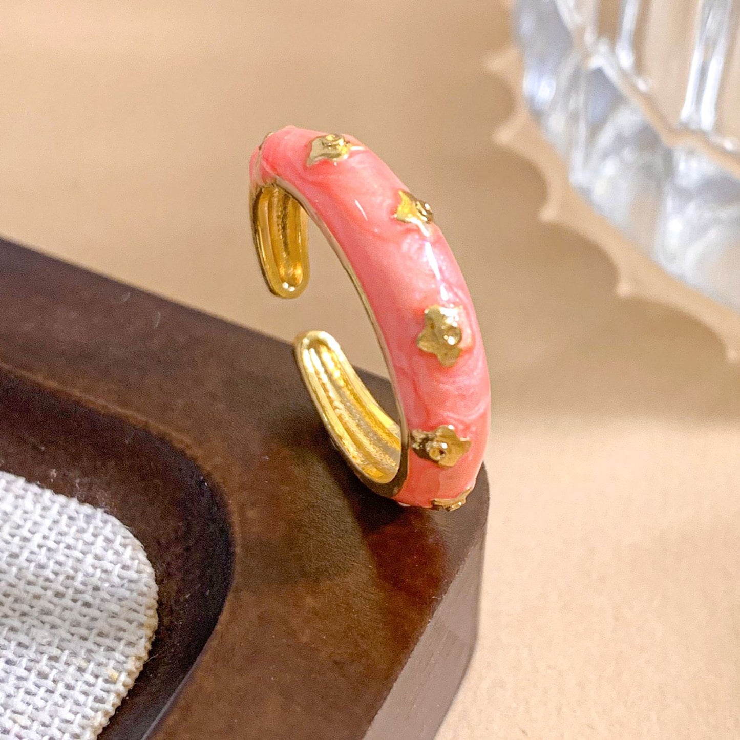 Vintage Sweet Gold Plated Brass Enamel Heart Adjustable Ring for Women