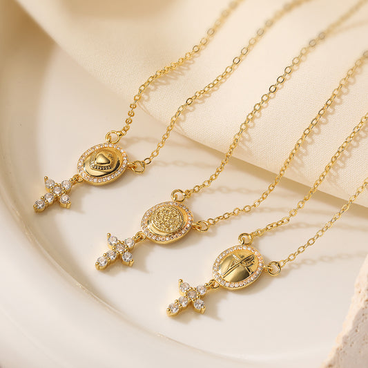 Minimalist Cross Pendant Necklace for Women Made of Copper with 18K Gold Plating and Zircon Inlay