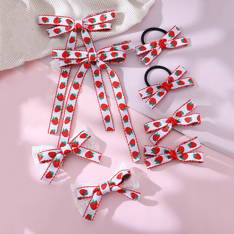 Natural Style Bow-Shaped Hair Clip Set for Kids with Red Satin Ribbon and Strawberry Embroidery Design
