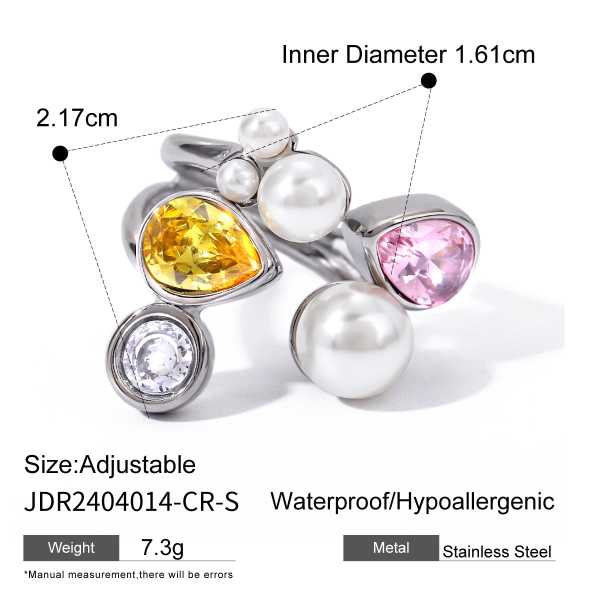 Anello aperto da donna in acciaio inossidabile placcato oro 18 carati con zircone bianco irregolare e perle d'imitazione stile Ins