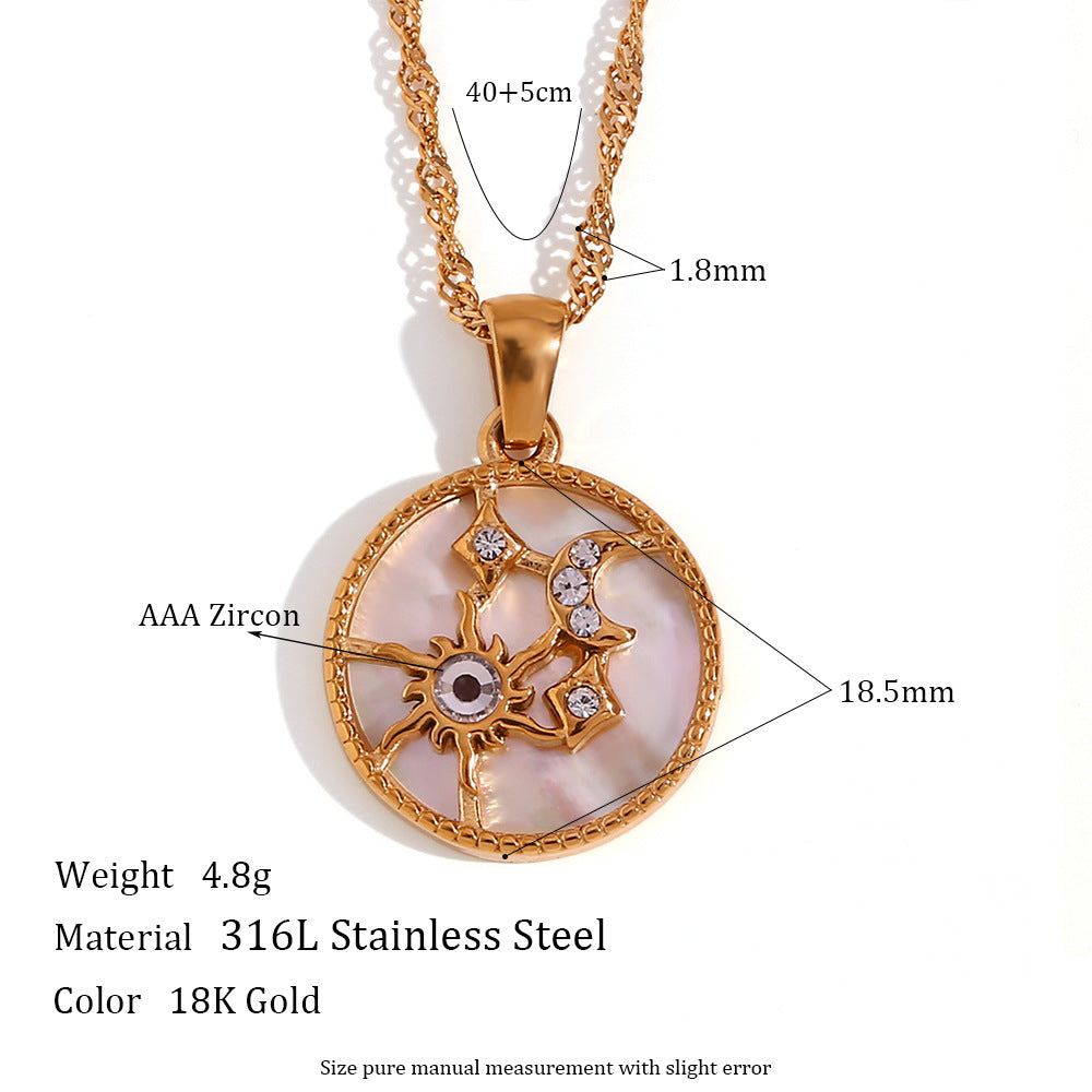 Vintage Fashion Geometric Sun Star Heart Pendant Necklace for Women in Titanium Steel with 18K Gold Plating