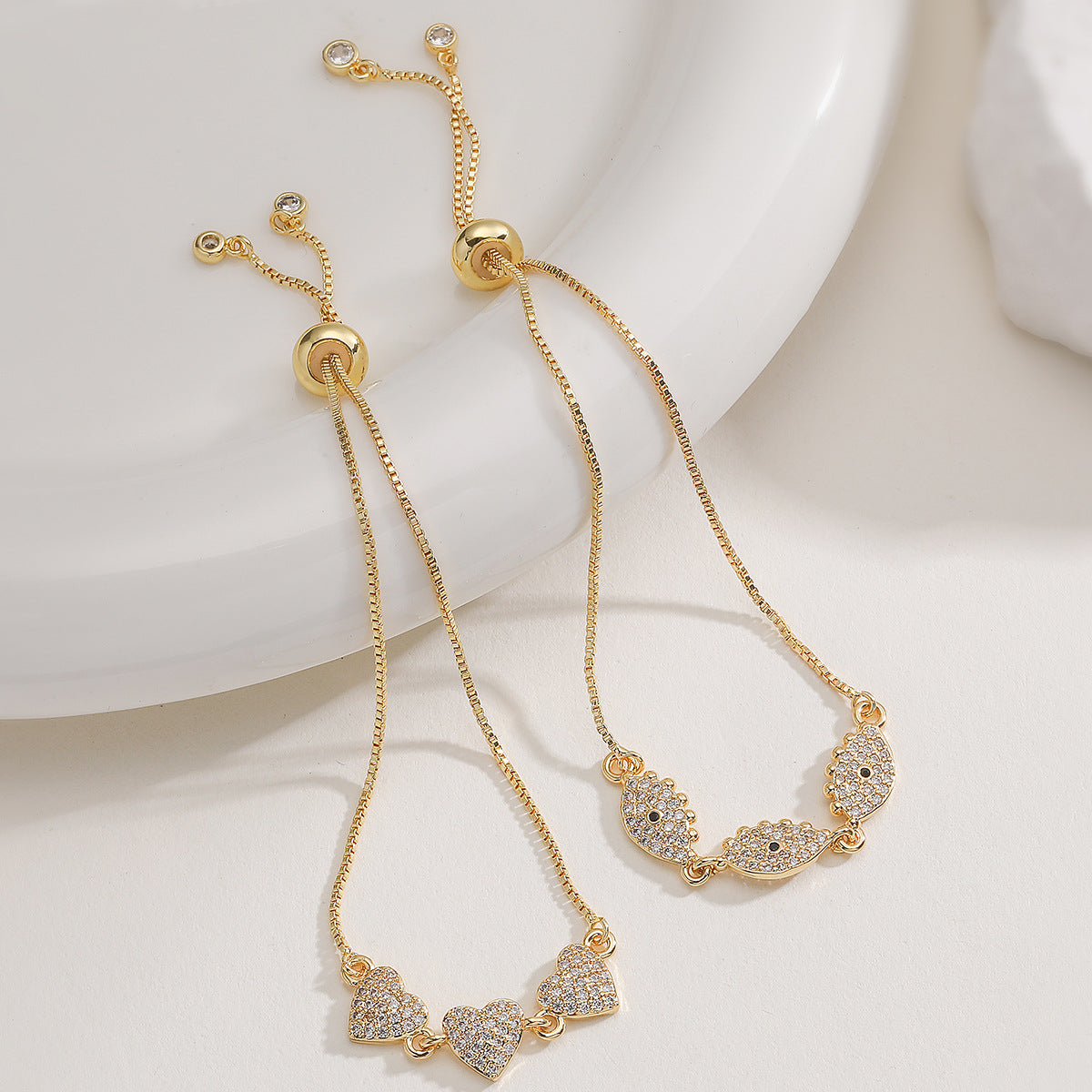 Vintage Luxury 18K Gold Plated Brass Geometric Heart Cubic Zirconia Evil Eye Bracelet for Women