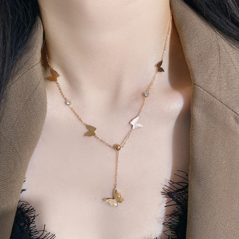 Butterfly Titanium Steel Plated Pendant Necklace with Tassel for Unisex