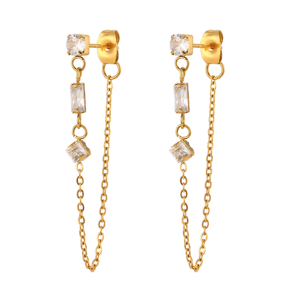 Minimalist Geometric Stainless Steel Ear Cuffs with Zircon Accents and Chain Detail for Women