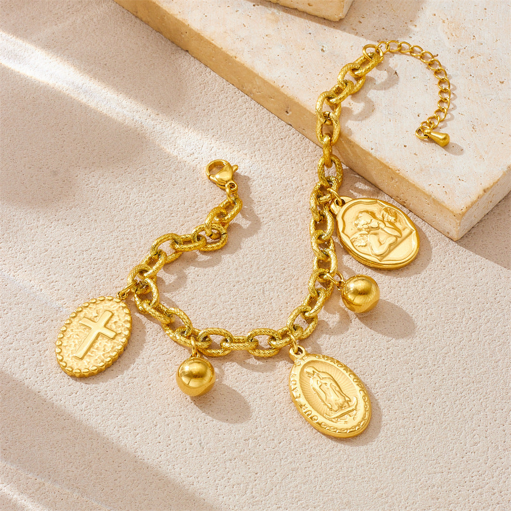 Vintage Oval Portrait Coin Pendant Necklace Set in Stainless Steel with Gold Plating for Women