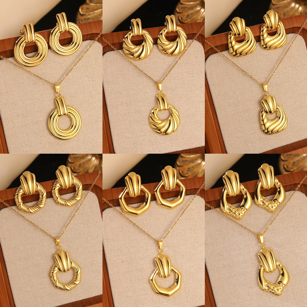 Collana e Orecchini in Acciaio Inossidabile Placcato, a Pois Tondi Geometrici, con Pendente in Acciaio al Titanio su Catenina, Unisex