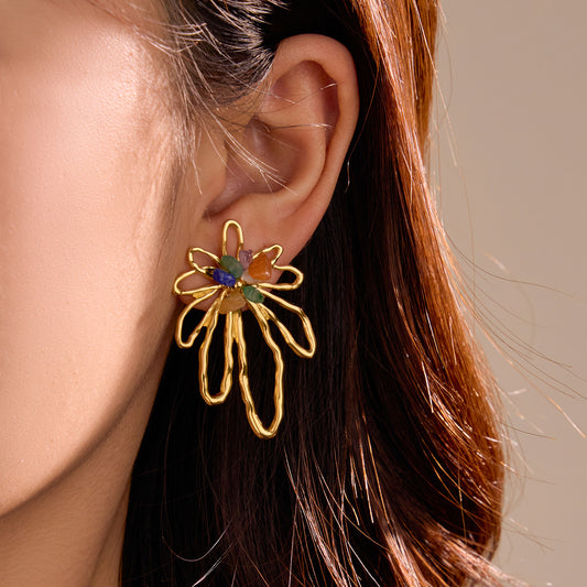 Aretes de aro de acero inoxidable con forma floral estilo vintage con incrustaciones de piedra natural y acabado chapado