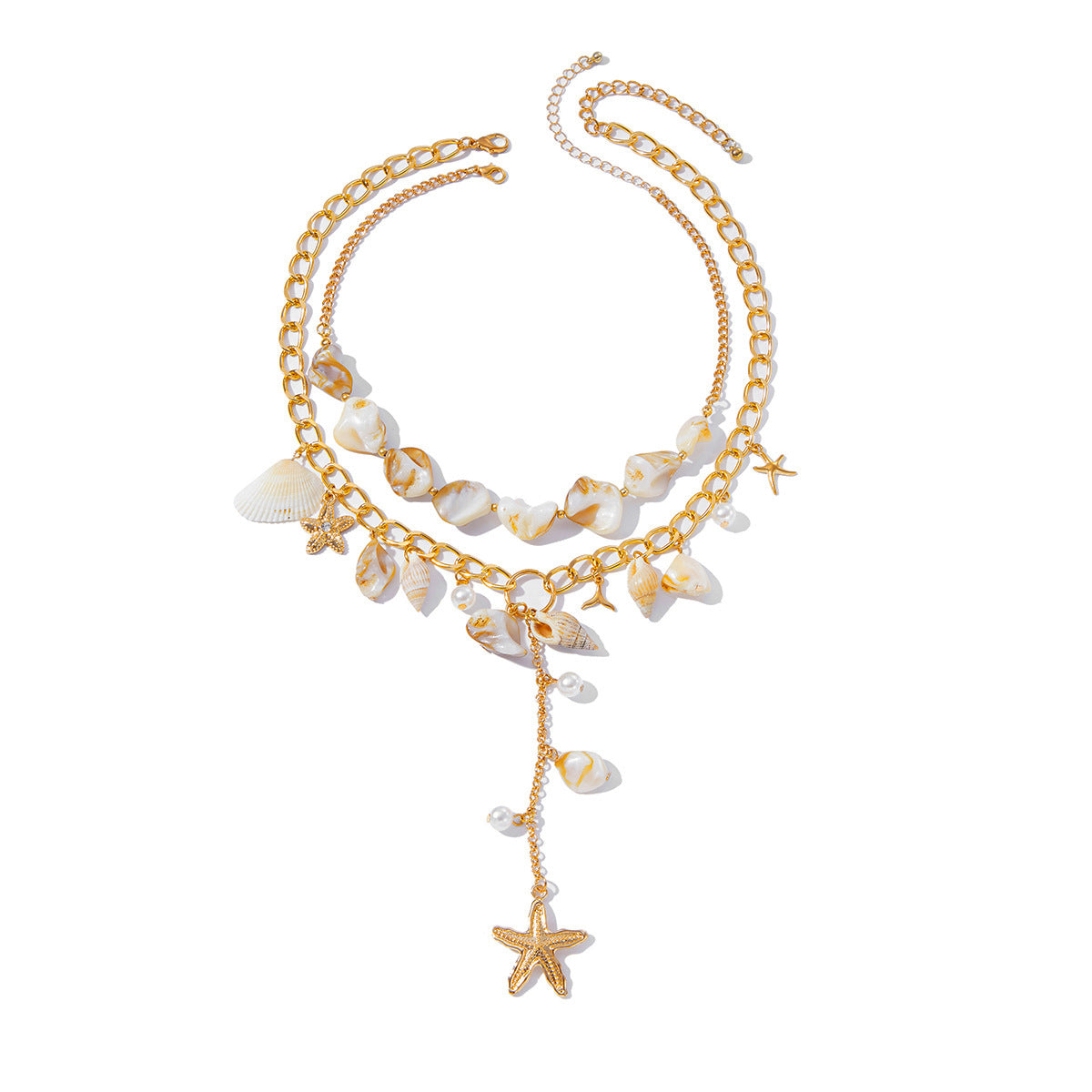 Collana pendente a conchiglia a forma di stella minimalista con leghe e perle sintetiche su catena in ferro e alluminio galvanizzato