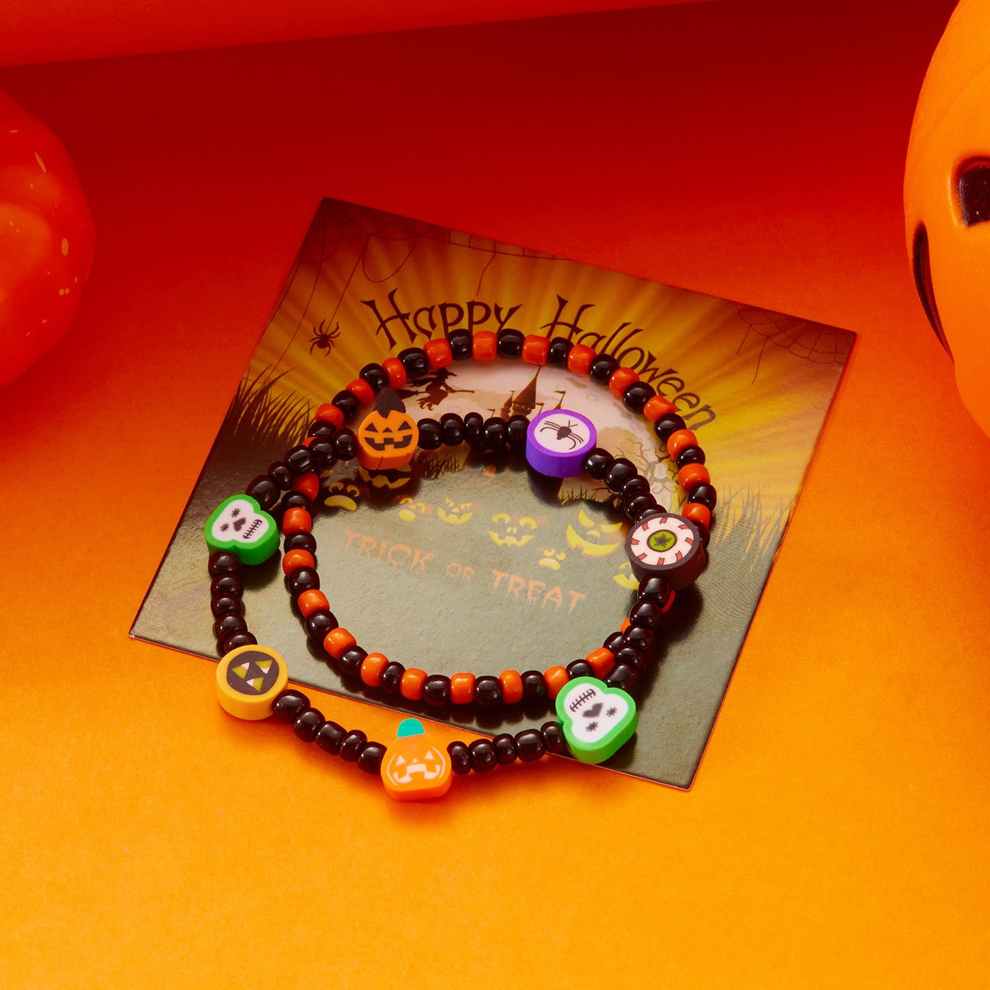 Cartoon-Style Halloween Ghost Pumpkin Bat Multi-Pendant Polymer Clay Bracelet with Plated Alloy