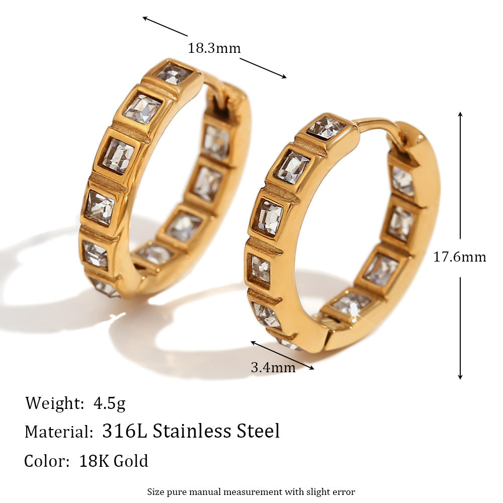 Orecchini geometrici minimalisti in acciaio inossidabile con placcatura in oro 18 carati e cristalli quadrati micro-pavé da donna
