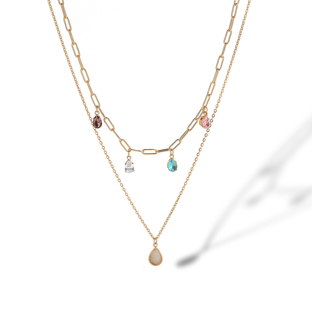 Minimalist Geometric Teardrop Evil Eye Pendant Necklace for Women in Titanium Steel with Zircon Inlay