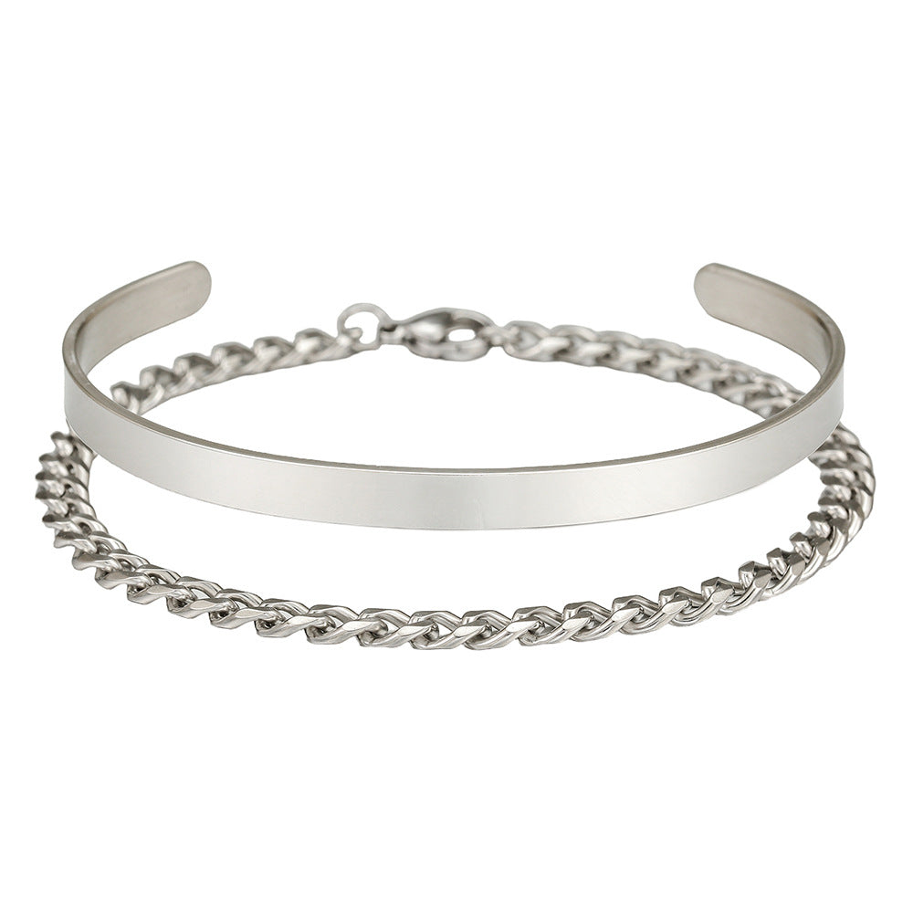 Hip-hop Round Stainless Steel Cuban Link Chain Open Cuff Bracelet for Men and Women