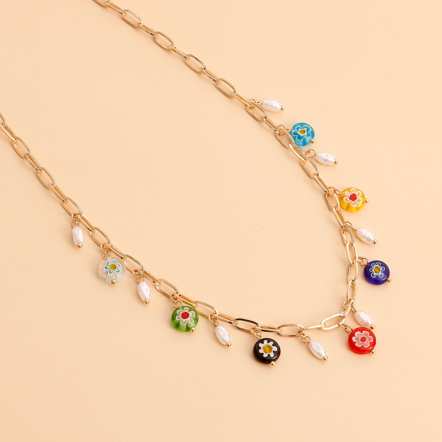 Minimalist Geometric Rainbow Glass Flower Pendant Necklace for Women with Alloy Chain and Plated Finish