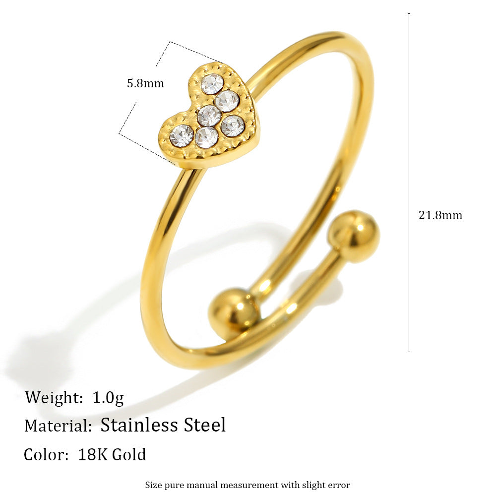 Minimalist 18K Gold Plated Stainless Steel Heart Rhinestone Open Ring for Women