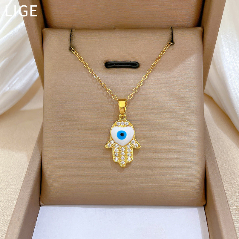 Sweet Elegant Geometric Cartoon Hand Eye Drip Oil Rhinestone Pendant Necklace Titanium Steel Cable Chain Unisex