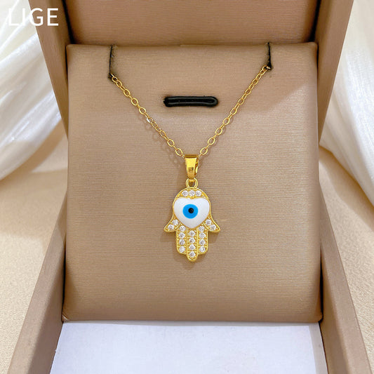 Sweet Elegant Geometric Cartoon Hand Eye Drip Oil Rhinestone Pendant Necklace Titanium Steel Cable Chain Unisex