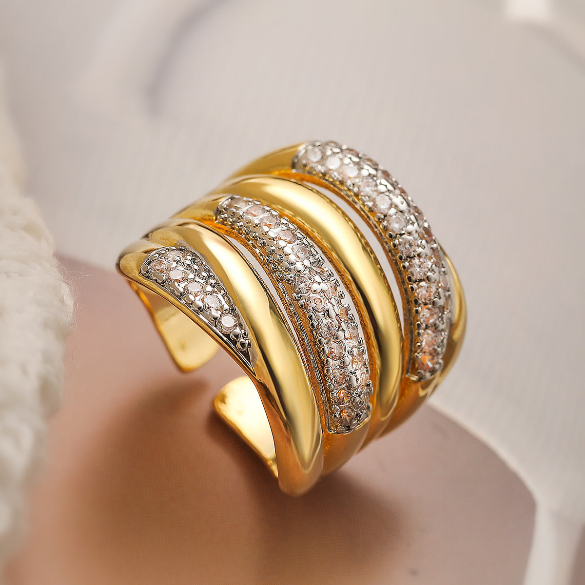 Minimalist Luxury Geometric Gold Plated Brass Ring with Cubic Zirconia for Women