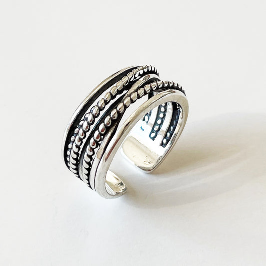 S925 Sterling Silver Twisted Rope Textured Vintage Adjustable Open Ring for Women