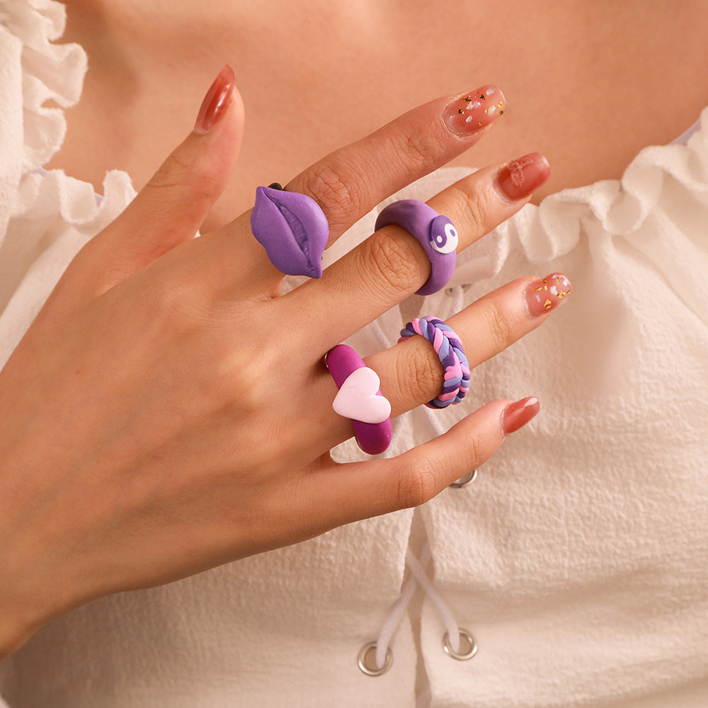 Vintage Geometric Heart Cartoon Resin Ring