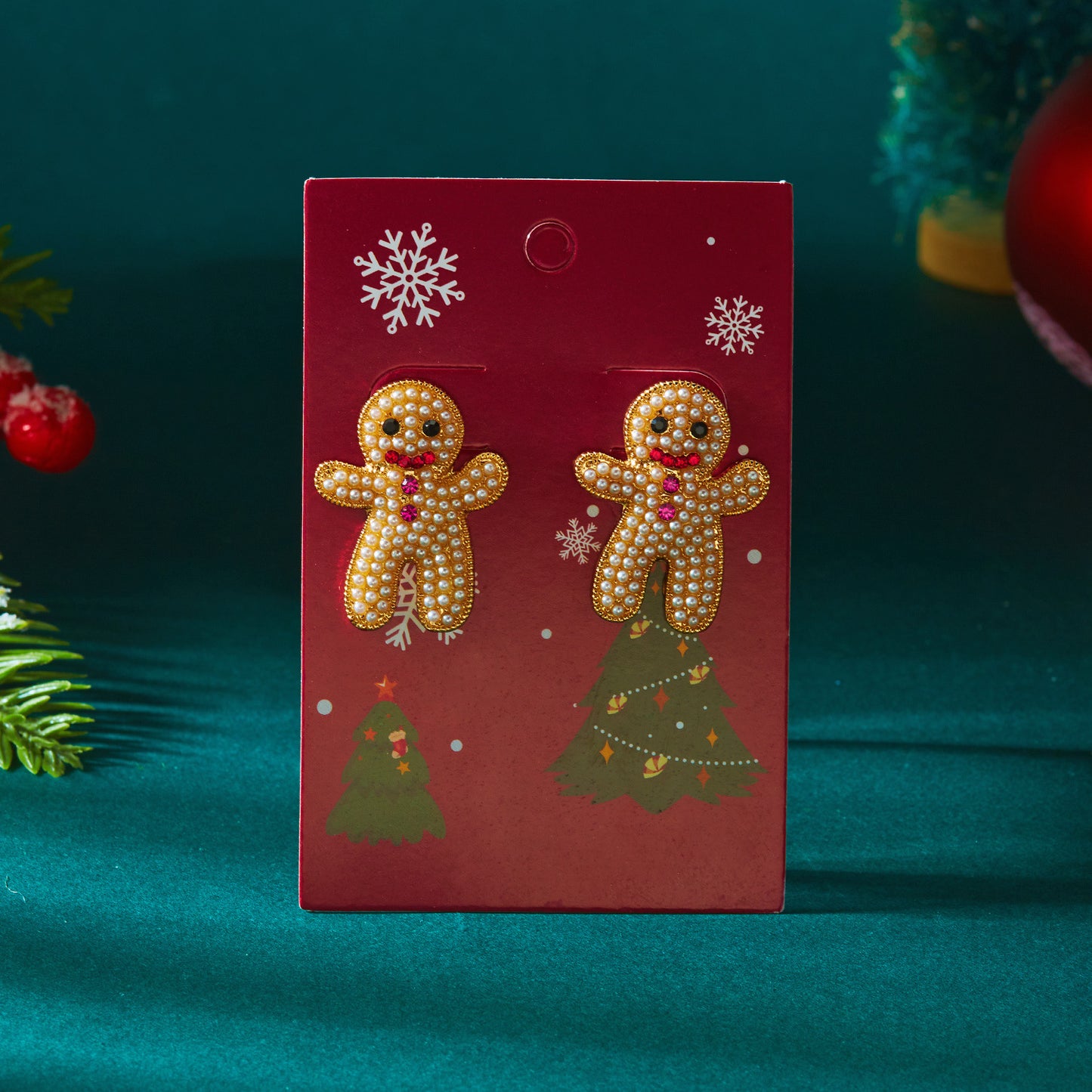 Pendientes de jengibre navideños para mujer, de aleación con incrustaciones de pedrería, acabado chapado, estilo festivo y dulce