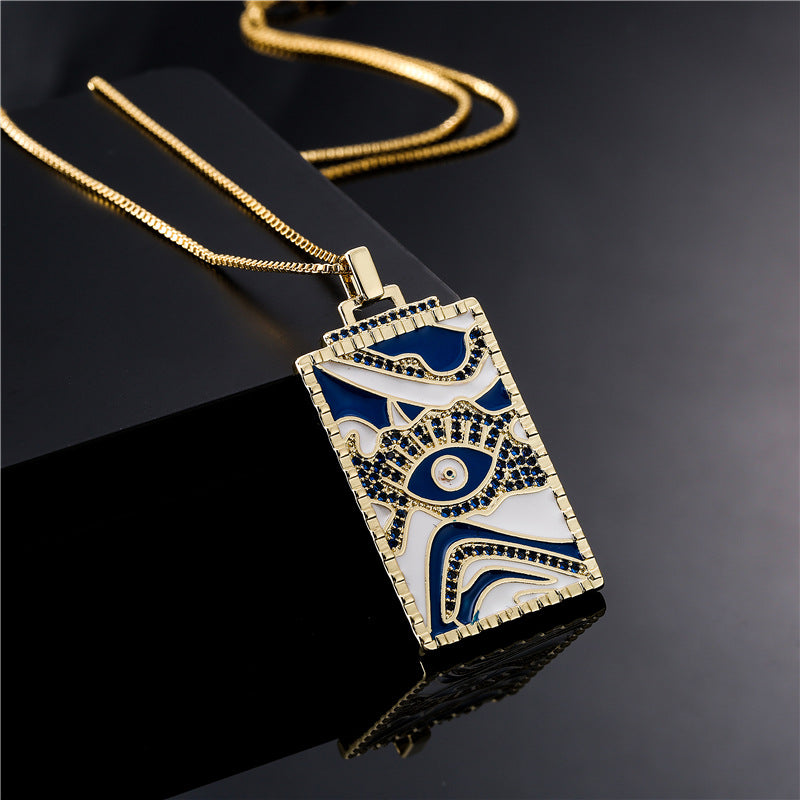 Geometric Square Brass Pendant Necklace with Micro-Inlaid Cubic Zirconia and Drip Oil Evil Eye Design on Box Chain