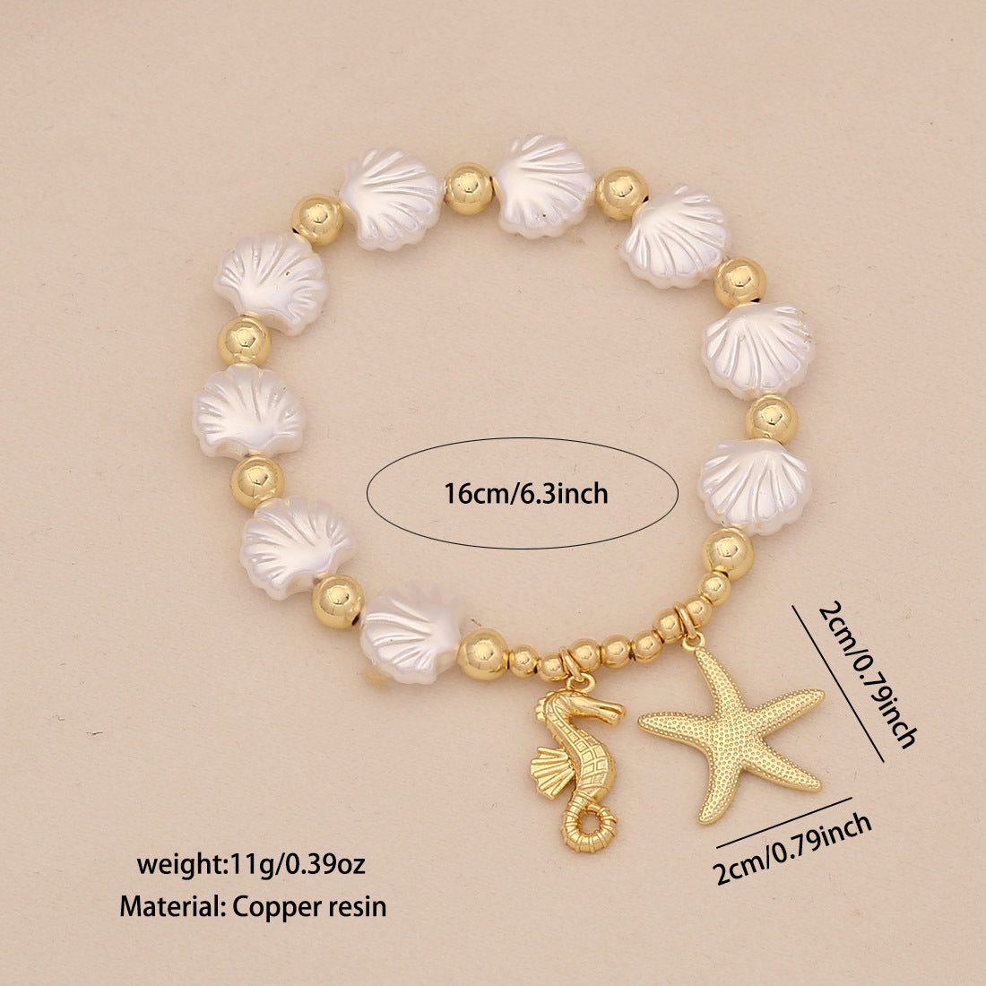 Braccialetto Artigianale Originale in Rame e Plastica con Perline Imitazione Perla, Stella Marina, Conchiglia, Tartaruga Placcato Oro 18K Gioielli da Donna