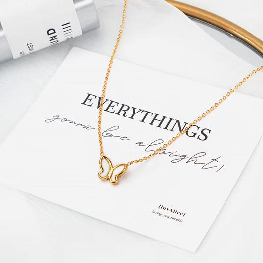Minimalist Butterfly Pendant Necklace in Titanium Steel with 18K Gold Plating, White Mother-of-Pearl Inlay, O-Chain, Adjustable Length