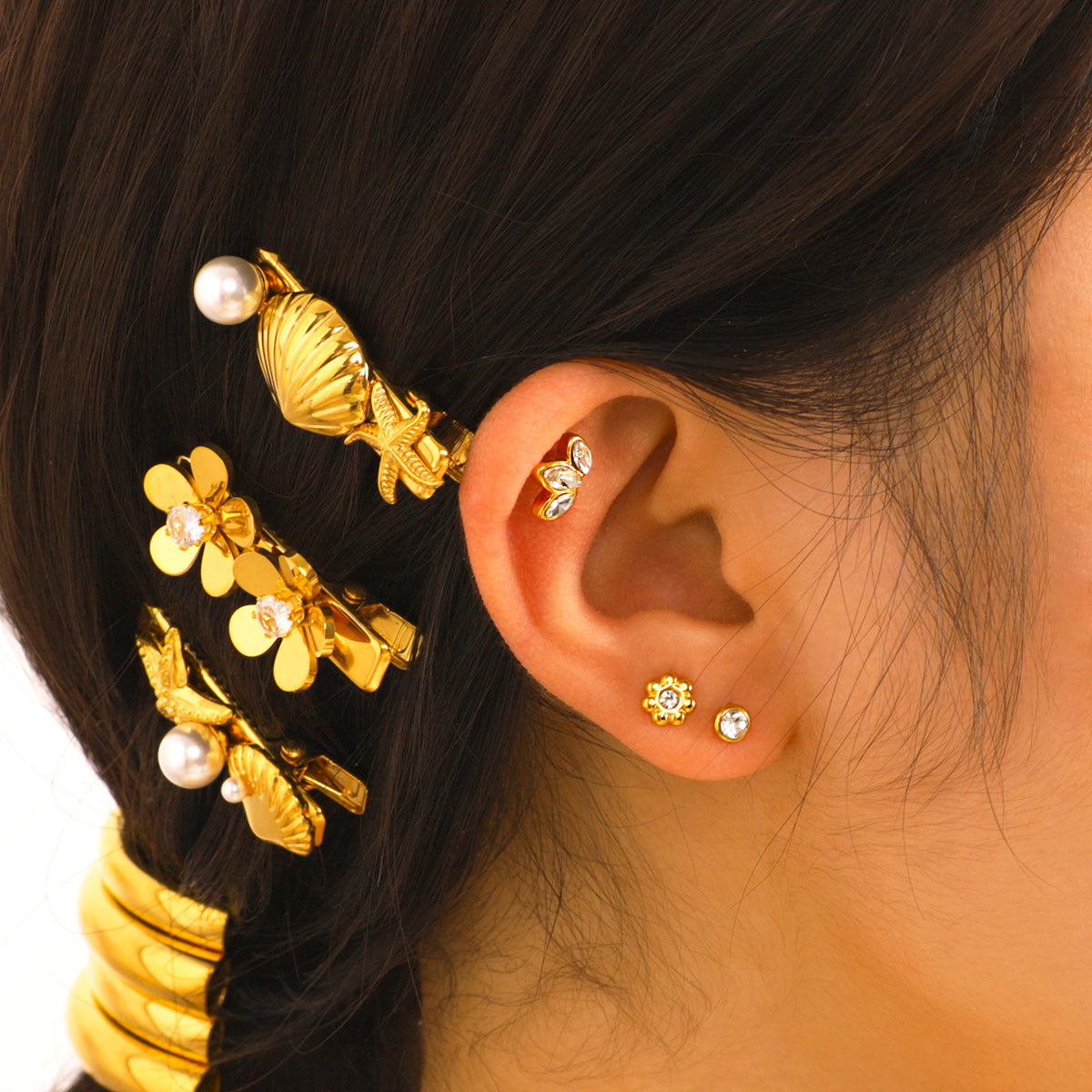 Floral Crown Shaped Zircon Stainless Steel Ear Cuff for Women with Vacuum Plated 18K Gold Finish