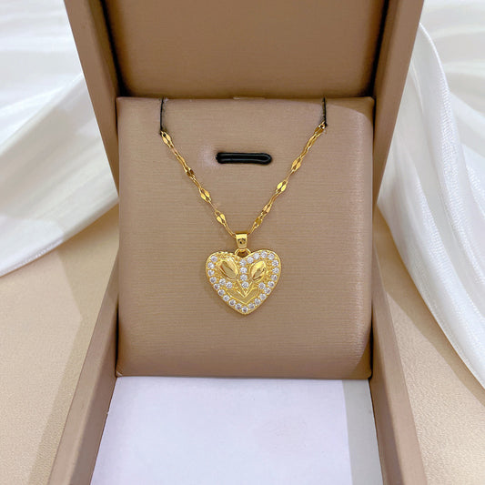 Collana pendente con cuore e rosa floreale minimalista da donna, catena a serpente in acciaio inossidabile con accenti di strass