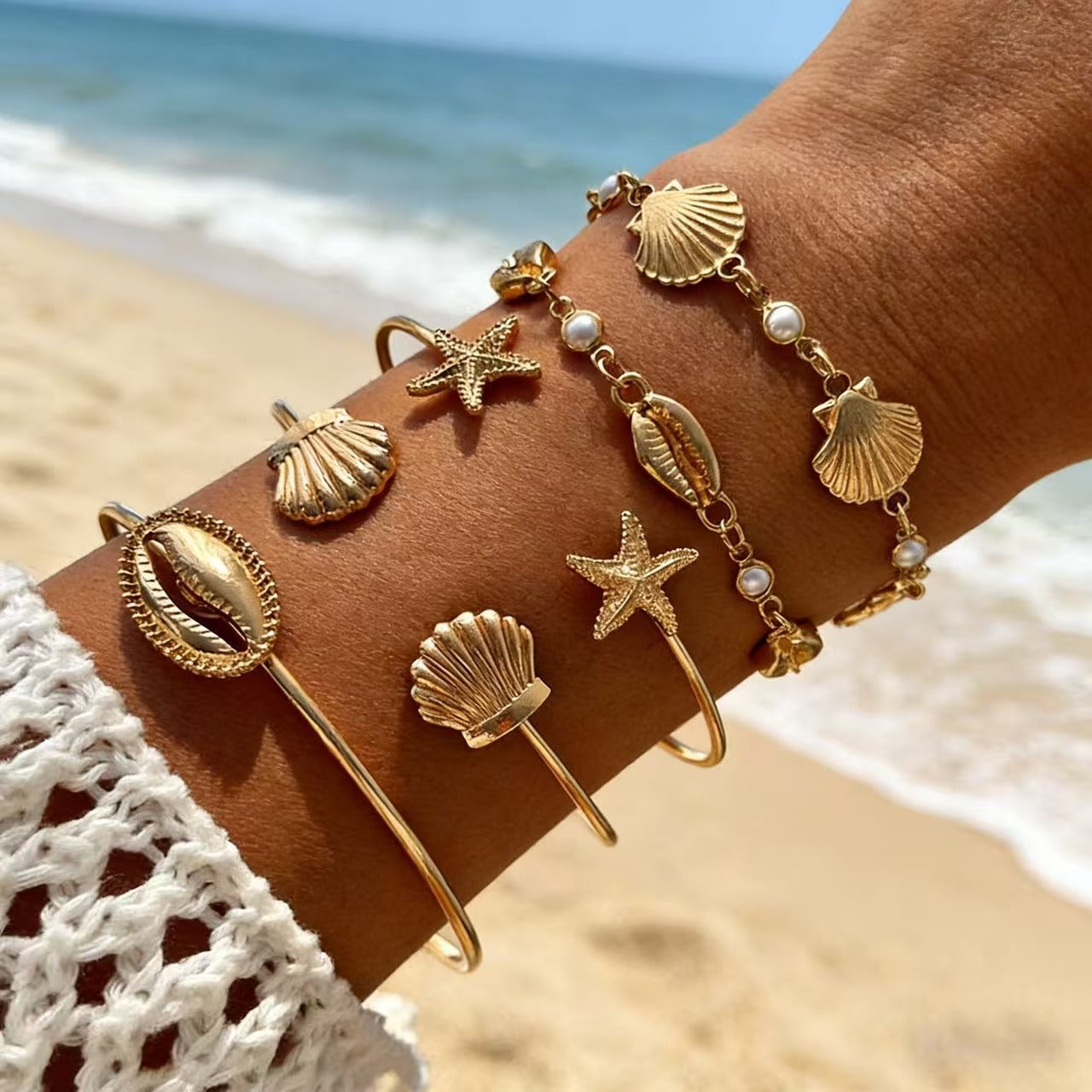 Minimalist Geometric Alloy Plated Shell Imitation Pearl Open Cuff Bracelet Set for Women